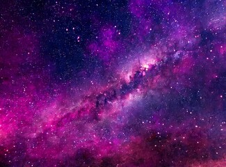 Starry sky in deep outer space with nebula filled with pink and purple hues.