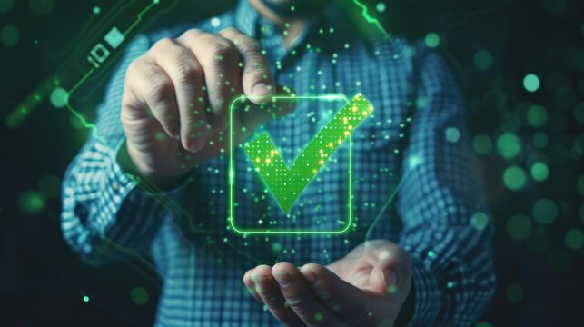 person with a screen, Green check mark for compliance, certification or audit concept with a business man holding a digital hologram of green compliance tick symbol