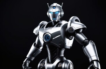 Silver robot on the dark background 