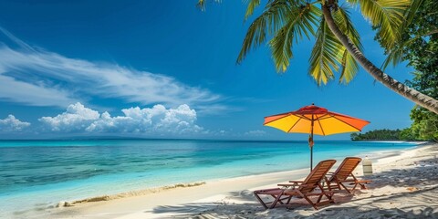 A tranquil beach oasis adorned with a colorful umbrella and a lounging chair, providing the perfect spot for relaxation and enjoying the idyllic beauty of the tropical sea and sandy shore. - obrazy, fototapety, plakaty