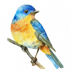 Vibrant watercolor painting of a colorful bird perched on a branch, ideal for spring-themed designs or backgrounds with space for text