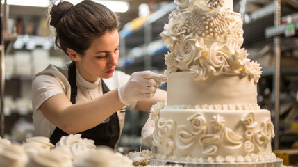 A female cake decorator is focused on adding intricate icing details to an elegant wedding cake
