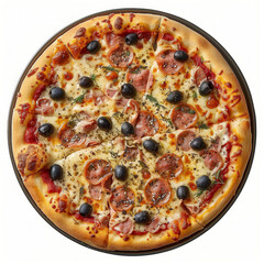 Overhead shot of a freshly-baked pizza with toppings including black olives, ham, and herbs on a white background, perfect for menu design space