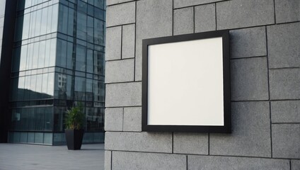 Empty White rectangular sign with blank space for your logo on the wall of a modern business center, mockup