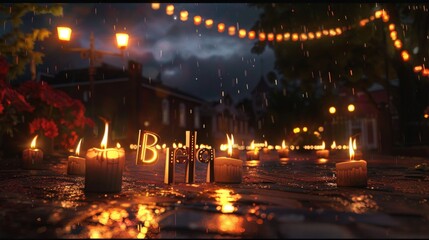 Fototapeta na wymiar Enchanting Rainy Night with Illuminated Candles on Cobblestone Street
