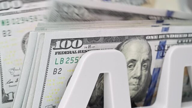 Money concept. Macro view counter counting 100 bills american currency slow motion. Save money for prepare in the future. Bank automatic equipment for counting money close up. Cash money. 