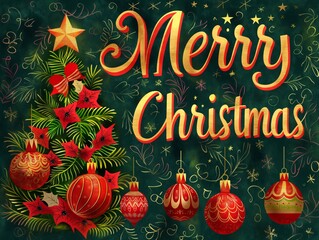 Christmas tree and red ornaments on green background with golden text Merry Christmas.