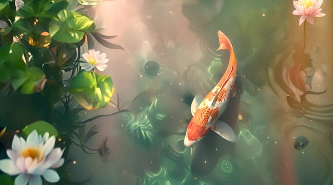 red and white koi fish in a beautiful pond