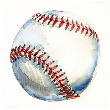 Watercolor illustration of a baseball with artistic blue smudges, ideal for backgrounds or sports-themed designs, with ample white space for text