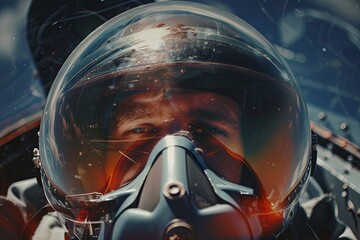 A close-up view of a person wearing a protective helmet and goggles, possibly a pilot preparing to fly a jet plane. Generative AI