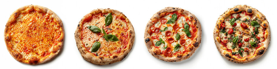 Assortment of whole Italian pizzas isolated on white background, with space for text, featuring Margherita, pepperoni, and vegetarian options, showcasing variety and takeaway concept - obrazy, fototapety, plakaty