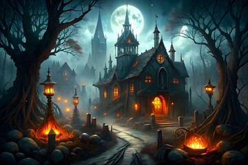 A cinematic horror background at night with a haunted house representing Halloween - obrazy, fototapety, plakaty