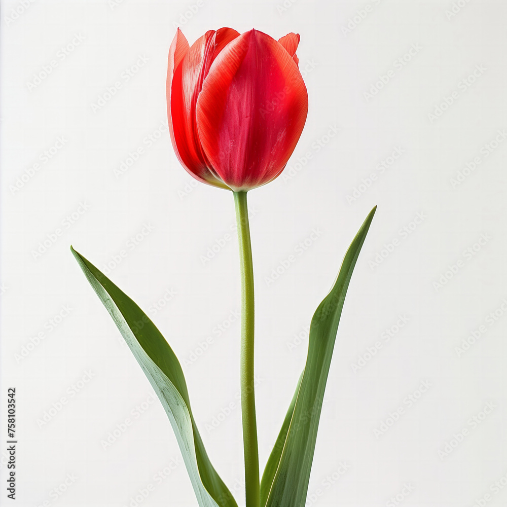 Poster A single vibrant red tulip with green leaves isolated on a white background with copy space, suitable for springtime and floral themes