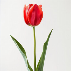 Fototapeta premium A single vibrant red tulip with green leaves isolated on a white background with copy space, suitable for springtime and floral themes
