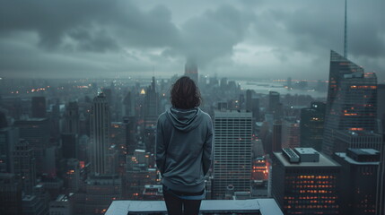 a woman standing on rooftop of building with cloudy overcast day