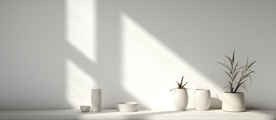 Neutral backdrop for showcasing products. Empty studio space with window shadows. Digital .