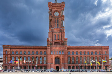 September 2022 -Rotes Rathaus Neo-Renaissance red brick building hosts regular exhibits & events. in Berlin, the capital of Germany, Eu - obrazy, fototapety, plakaty