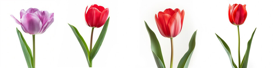 Set of four individual tulips in purple and red colors isolated on white background, with space for text, suitable for spring themes or floral designs