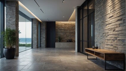 Coastal interior design of modern entrance hall with empty blank mock up frame, stone tiles wall
