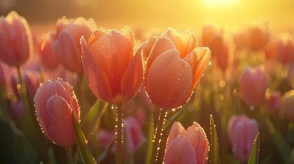 Dew-Kissed Tulips at Sunrise with Soft Light, Tranquility of Fresh Spring Morning - obrazy, fototapety, plakaty