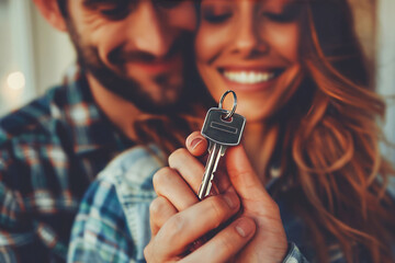 Joyful couple holding house keys celebrating a new home and the start of a new chapter