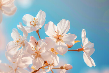 Cherry blossoms in full bloom with delicate petals against a bright blue sky