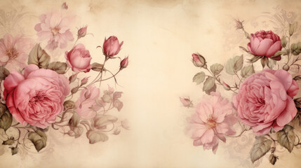 Shabby chic background with pink rose flowers, vintage wallpaper, illustration with copy space, junk journal page	
