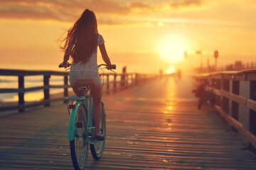 Silhouette of a woman riding a bike on a beach boardwalk at sunset with ocean view - obrazy, fototapety, plakaty