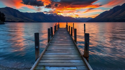 Tranquil sunset scene: serene lake near queenstown with pier silhouetted against vibrant sky