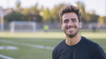 Homem sorrindo em um campo de futebol - obrazy, fototapety, plakaty