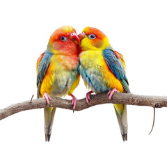 Two love bird parrots sitting on branch on transparent background