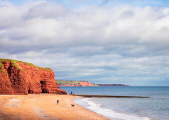 The ancient Langstone red rock on the Dawlish coast Devon west England UK 
