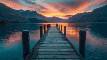 Plexiglas foto achterwand Tranquil sunset scene: serene lake near queenstown with pier silhouetted against vibrant sky © Ashi