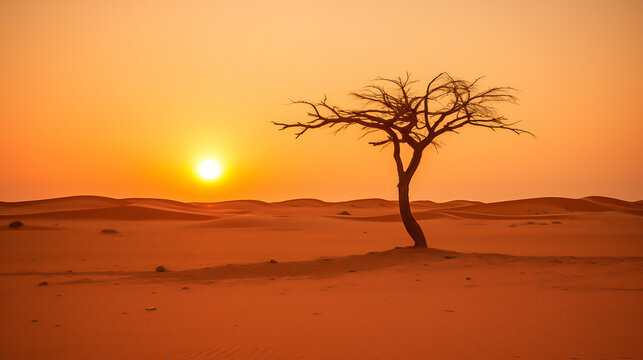 Beautiful sunset landscape, dry tree branches silhouette in the desert