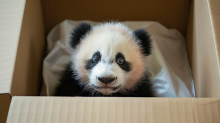 Panda dentro de uma caixa de papelão