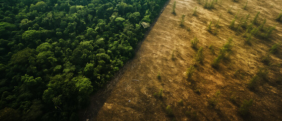 Floresta verde e metade queimada e desmatada - Conceito de queimadas e desmatamento - obrazy, fototapety, plakaty