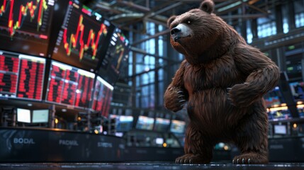 Statuesque bear in a stock trading room overlooking market decline screens, Concept of bearish trends and investor sentiment in finance