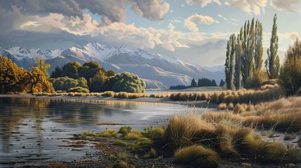 Golden hour glow: majestic new zealand landscape with rolling hills and serene lake reflections in...