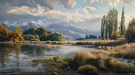 Papier Peint photo Lavable Aoraki/Mount Cook Golden hour glow: majestic new zealand landscape with rolling hills and serene lake reflections in south island, aoraki/mount cook national park, oceania