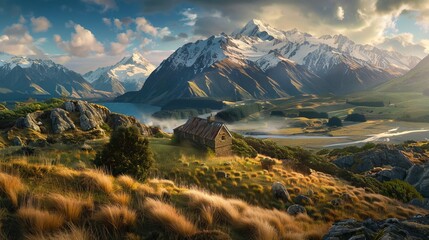 Golden hour glow: majestic new zealand landscape with rolling hills and serene lake reflections in south island, aoraki/mount cook national park, oceania - obrazy, fototapety, plakaty