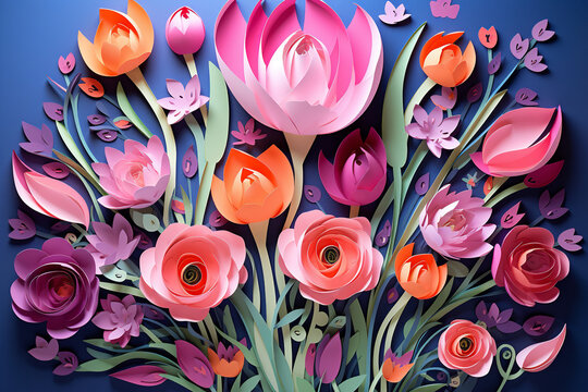 Happy Mothers day. Beautiful blooming pink tulips paper cutouts on blue background. Modern colorful floral card. Spring flowers banner. Happy Womens day. Generated ai illustration
