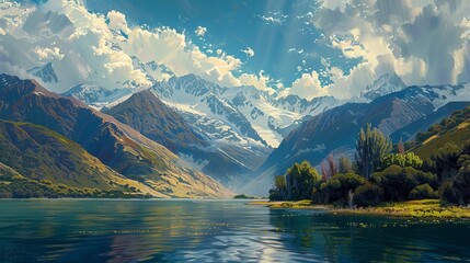Golden hour glow: majestic new zealand landscape with rolling hills and serene lake reflections in south island, aoraki/mount cook national park, oceania - obrazy, fototapety, plakaty