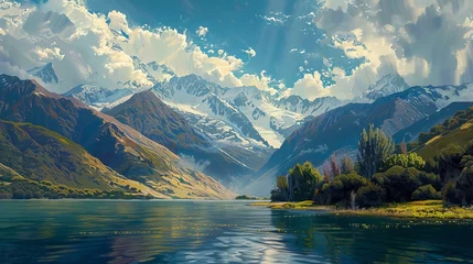 Keuken foto achterwand Aoraki/Mount Cook Golden hour glow: majestic new zealand landscape with rolling hills and serene lake reflections in south island, aoraki/mount cook national park, oceania