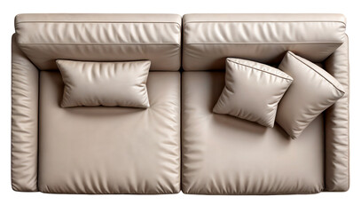 2-seat beige leather sofa isolated on a transparent background, top view
