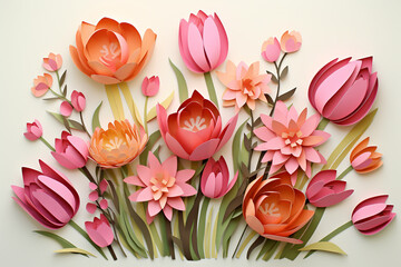 Happy Mothers day. Beautiful blooming pink tulips paper cutouts. Modern colorful floral card. Spring flowers banner. Happy Womens day. Generated ai illustration