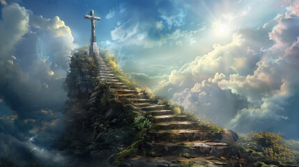 A stairway leading to heaven with a cross at the end - obrazy, fototapety, plakaty
