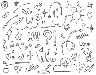 Fototapeta na wymiar Doodle cute glitter pen line elements drawn in pencil. Doodle heart, arrow, star, sparkle decoration symbol icon set. Vector illustration.
