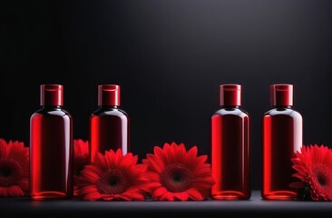 Red bottles without inscriptions for shampoo on a white background with flowers in backlight with space for text 
