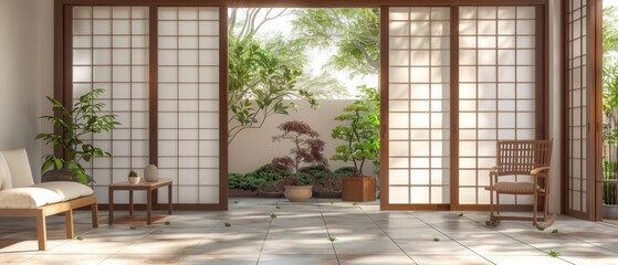 Japanese door to terrace in cottage home, 3d rendering