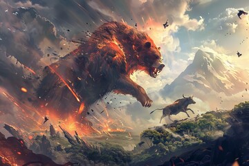 Fantastical fiery bearish leaping towards a fleeing stag in a volcanic eruption scene, Concept of conflict, survival, and mythological battles